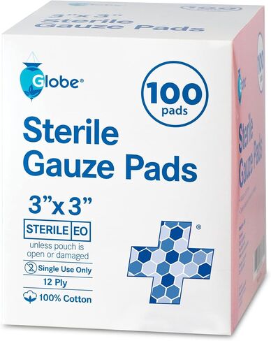 Globe 3’’ x 3’’ Advanced Sterile Gauze Pads for Wound Dressing| 100-Pack, Individually Packed | 12-Ply Cotton & Highly Absorbent| Gauze Sponge-Pads for Wound Care & Home First Aid Kits (3 x 3) in Saudi Arabia