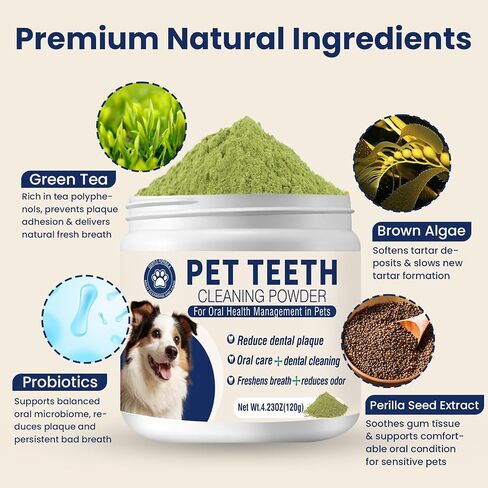 Dental Powder for Dogs Teeth Fresh Breath and Teeth Cleaning Contains Natural Ingredients and Probiotics Dental Powder Dog Tartar and Plaque Removes Tooth Cleaner for Dogs 120g (60-Day Supply) in Saudi Arabia