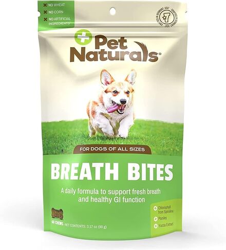 Pet Naturals Breath Bites for Dogs – Breath Freshener Chews, Spirulina, Parsley, and Mushroom Extract, Fights Bad Breath in Small to Large Dogs, Chicken Liver Flavor, 60 Count in Kuwait