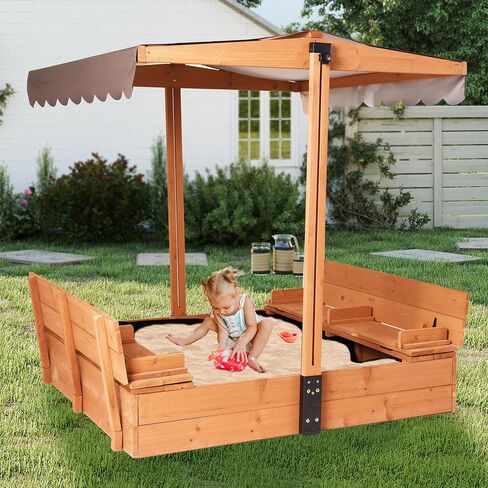 Sandbox with Lid and Cover, Kids Wooden Sandbox with 360° Adjustable Waterproof Canopy, Outdoor Sand Pit with 4 Built-in Benches, Leak-Proof Non-Woven Bottom in Kuwait