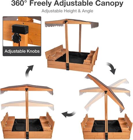 Sandbox with Lid and Cover, Kids Wooden Sandbox with 360° Adjustable Waterproof Canopy, Outdoor Sand Pit with 4 Built-in Benches, Leak-Proof Non-Woven Bottom in Kuwait