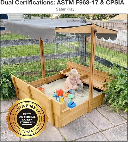 Sandbox with Lid and Cover, Kids Wooden Sandbox with 360° Adjustable Waterproof Canopy, Outdoor Sand Pit with 4 Built-in Benches, Leak-Proof Non-Woven Bottom in Kuwait