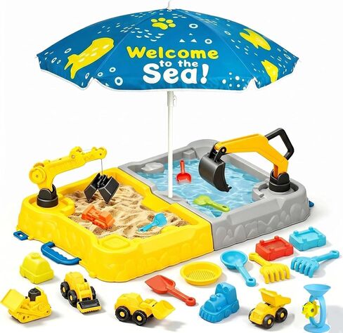 Large 38" Ladybug Sandbox with Lid & Umbrella, Sand and Water Table with Turtle Cart, 9 Animal Figures, 8 Shovels & Bucket – Outdoor Beach Toy Gift for Toddlers 3-8 in Kuwait
