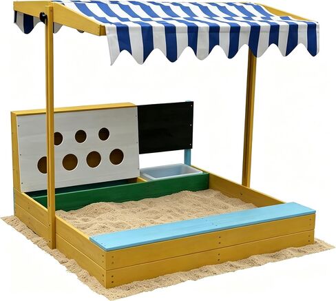 Kids Sandbox Outdoor with Canopy, Adjustable Outdoor Sandbox with Bench Seats, Children Backyard Wooden Playset, Convertible Retractable Roof in Kuwait