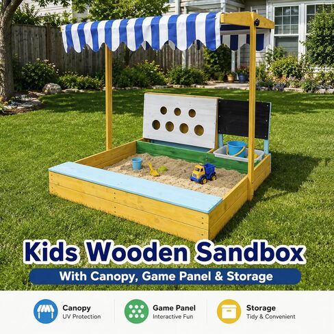 Kids Sandbox Outdoor with Canopy, Adjustable Outdoor Sandbox with Bench Seats, Children Backyard Wooden Playset, Convertible Retractable Roof in Kuwait
