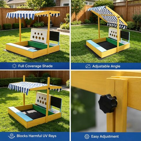 Kids Sandbox Outdoor with Canopy, Adjustable Outdoor Sandbox with Bench Seats, Children Backyard Wooden Playset, Convertible Retractable Roof in Kuwait