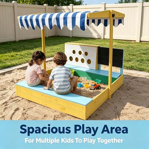 Kids Sandbox Outdoor with Canopy, Adjustable Outdoor Sandbox with Bench Seats, Children Backyard Wooden Playset, Convertible Retractable Roof in Kuwait
