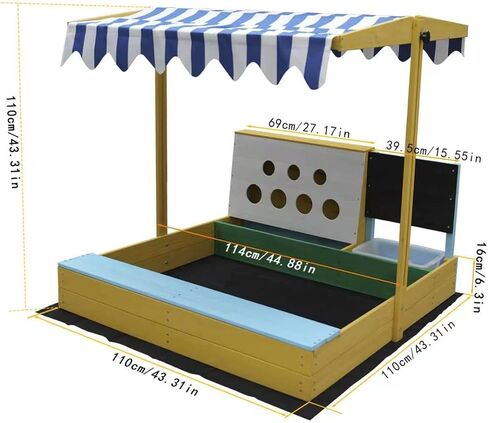 Kids Sandbox Outdoor with Canopy, Adjustable Outdoor Sandbox with Bench Seats, Children Backyard Wooden Playset, Convertible Retractable Roof in Kuwait