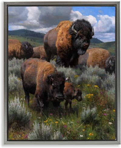 Stupell Industries Bison Herd المناظر الطبيعية الريفية ذات إطار ذهبي من القماش الكتاني بتصميم فني جداري من تصميم كايل سيمز in Kuwait