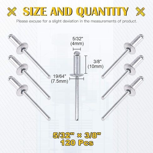 120Pcs 5/32 x 3/8 Inch Aluminum Blind Rivets 4 x 10mm Open End Pop Rivets Set Domed Head Pull Rivets Decoration Fastener Long Rivets for Sheet Metal, Industry in Kuwait