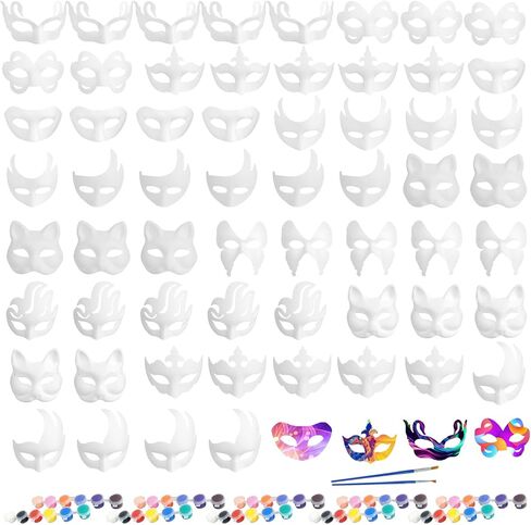 60 Pcs Paper Mache Masks Bulk Set with brushes and acrylic paints DIY Blank Mask for Mardi Gras Masquerade Costume Cosplay Party (12 Styles) in Saudi Arabia