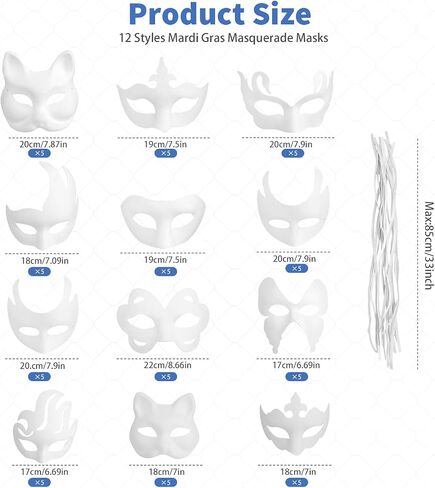 60 Pcs Paper Mache Masks Bulk Set with brushes and acrylic paints DIY Blank Mask for Mardi Gras Masquerade Costume Cosplay Party (12 Styles) in Saudi Arabia