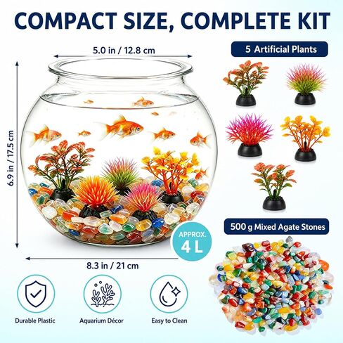 1 Gallon Clear Plastic Fish Bowl Set with 5 Artificial Plants and Colorful Pebbles | Shatterproof Round Aquarium Tank for Betta Fish, Desktop, Home & Office Decor in Saudi Arabia