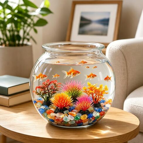 1 Gallon Clear Plastic Fish Bowl Set with 5 Artificial Plants and Colorful Pebbles | Shatterproof Round Aquarium Tank for Betta Fish, Desktop, Home & Office Decor in Saudi Arabia
