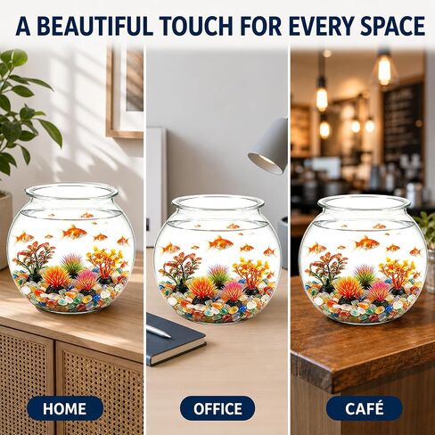 1 Gallon Clear Plastic Fish Bowl Set with 5 Artificial Plants and Colorful Pebbles | Shatterproof Round Aquarium Tank for Betta Fish, Desktop, Home & Office Decor in Saudi Arabia