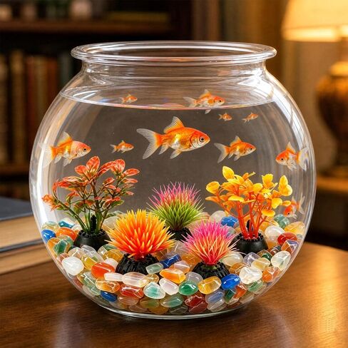1 Gallon Clear Plastic Fish Bowl Set with 5 Artificial Plants and Colorful Pebbles | Shatterproof Round Aquarium Tank for Betta Fish, Desktop, Home & Office Decor in Saudi Arabia