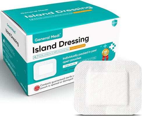 General Medi Sterile Island Dressing Bordered Gauze – 100 Count, 2.4" x 2.75" Gauze Pads, Wound Care Pad with Adhesive Border - Sterile, Soft & Highly Absorbent Medical Grade Dressing Pad in Kuwait
