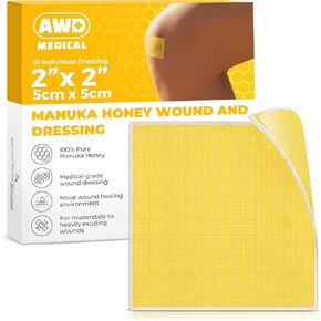 AWD Manuka Honey Gauze Dressing - 100% Impregnated Medical Grade Honey Patches - Medical Supplies, Wound Care, and First Aid - Gauze Pads 10 Count (2"x2") in Kuwait