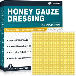 Ceeport Honey Gauze Wound Dressing, 4" x 4" Manuka Honey Wound Care, Medical Grade Honey Bandages for Wound Care, Honey Patch for Faster Healing from Burns, Abrasions, Cuts and Scalds (Pack of 10) in Saudi Arabia