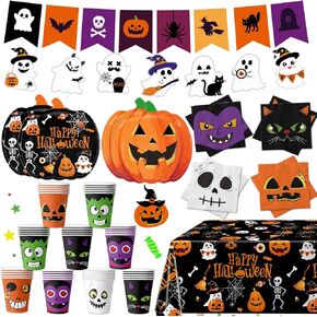 Halloween Party Supplies Kit Includes Pumpkin Shaped Disposable Plates, Napkins, Cups, Banner, Tablecloth for Halloween Birthday Baby Shower Decorations, Serves 24 in Kuwait