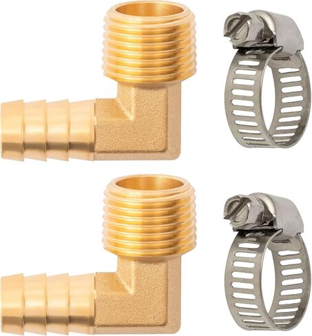 SUNGATOR 90 Degree Brass Elbow Fitting, 1/2 Inch Barb to 1/2 Inch NPT Male Elbow Hose Barb Fittings with 2 Hose Clamps, 1/2'' Elbow Barb Adapter for Fuel/Air/Oil/Gas (2 PCS) in Kuwait