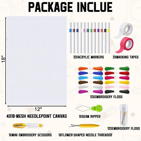 EggSun 18 mesh Needlepoint Canvas Kit for Cross Stitch DIY Projects,6pcs Blank Needlepoint Canvas 12''x18'' with Threads, Markers, Tapes, Needles, Scissor, Threaders and Ripper in Kuwait
