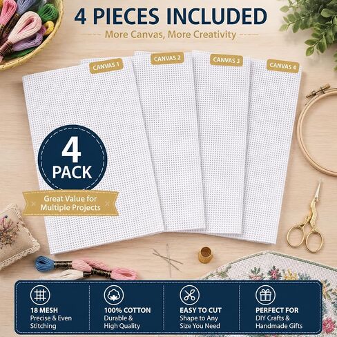 18 Mesh Needlepoint Canvas 4 Pack, 15.7 x 11.8 in Premium White Cotton in Kuwait