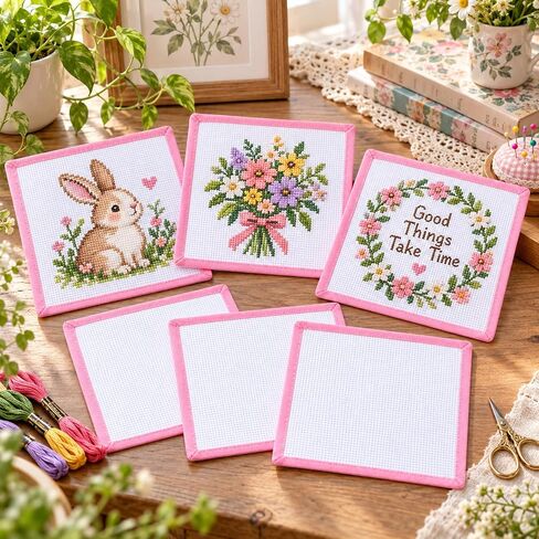 6Pcs 18 Mesh Needlepoint Canvas Blank Cotton Cross Fabric with Pink Border in Kuwait