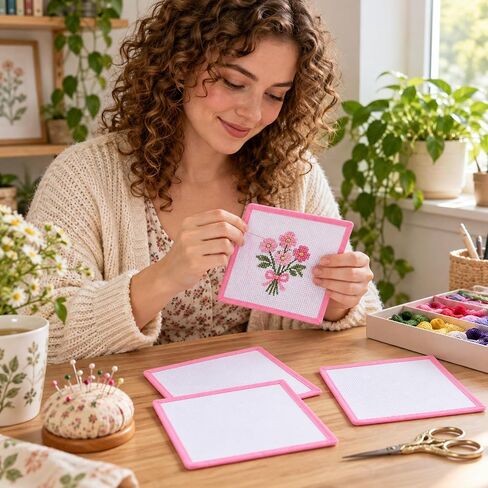 6Pcs 18 Mesh Needlepoint Canvas Blank Cotton Cross Fabric with Pink Border in Kuwait