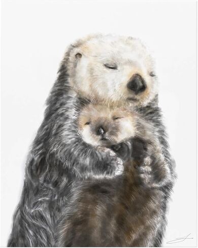 Sea Otter Mom and Cub Art Print, Cute Baby Painting, Best Mom Gift, Boy Neutral Nursery Cute Ocean Minimalist Wall Art, UNFRAMED, Signed by Artist (8x10" unframed) in Saudi Arabia