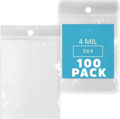 GPI - 3" X 4" Clear Plastic Zip Bags, 100 Count, Heavy-Duty 4 Mil Thick Durable Poly Baggies With Resealable Zipper Lock, Hang-Hole For Display. in Kuwait