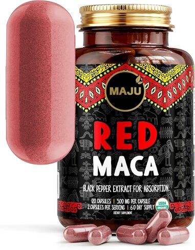 كبسولات جذر الماكا 4 في 1 من Maju Superfoods، جذور عضوية سوداء وصفراء وحمراء مع مستخلص الفلفل الأسود للامتصاص (120 قيراط) | منتج بيرو، مسحوق بيرو، مكمل غذائي للرجال والنساء، 60.000 ملغ in Kuwait