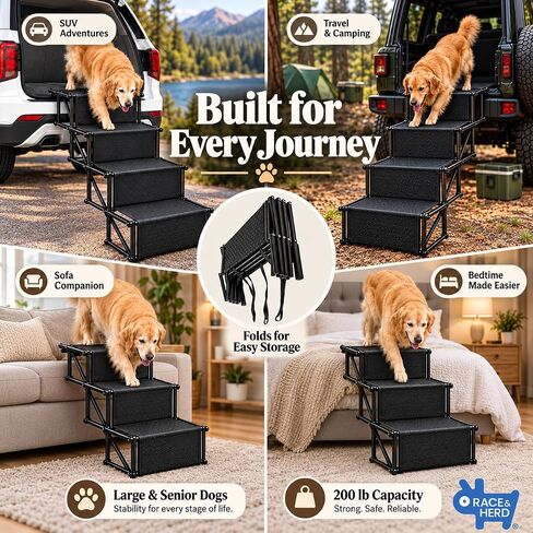 Race&Herd 4-Step Folding Dog Stairs for Car, SUV & Truck (Onyx) in Saudi Arabia