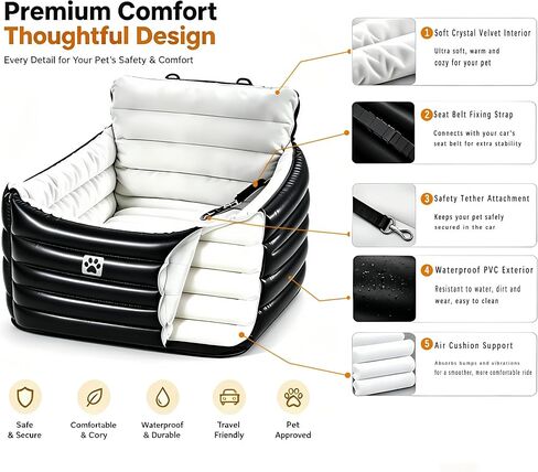 Small Dog Car Seat, Inflatable Dog Travel Bed with Safety Harness & Seat Belt Attachment, Waterproof PVC Exterior, Portable Puppy Booster Seat for Car Travel, Dogs Up to 25 lbs in Saudi Arabia