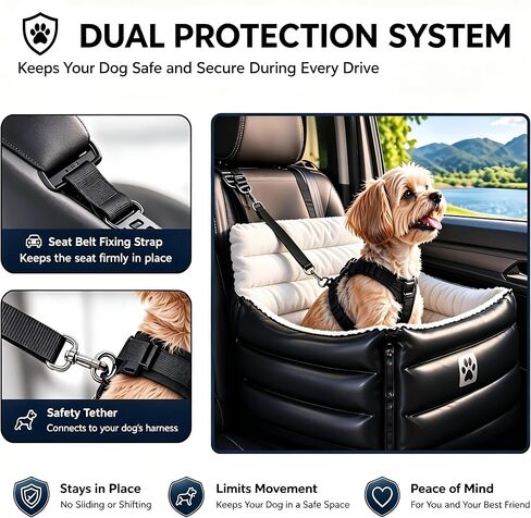 Small Dog Car Seat, Inflatable Dog Travel Bed with Safety Harness & Seat Belt Attachment, Waterproof PVC Exterior, Portable Puppy Booster Seat for Car Travel, Dogs Up to 25 lbs in Saudi Arabia