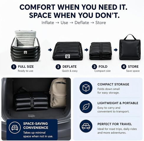 Small Dog Car Seat, Inflatable Dog Travel Bed with Safety Harness & Seat Belt Attachment, Waterproof PVC Exterior, Portable Puppy Booster Seat for Car Travel, Dogs Up to 25 lbs in Saudi Arabia