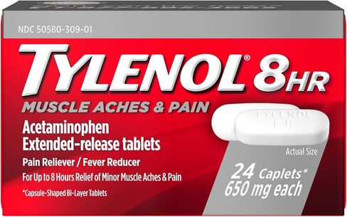 Tylenol 8 Hour Muscle Aches & Pain Relief Extended-Release Tablets with 650 mg Acetaminophen, Fever Reducer & Pain Medicine for Muscles, Joints, Body, and Backache Pain Relief, 24 Count in Saudi Arabia