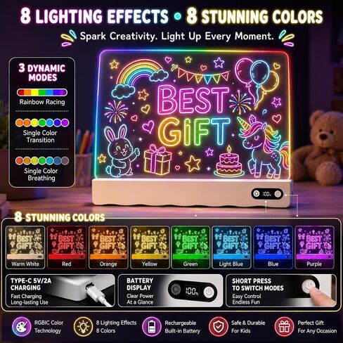 16 Inch Rechargeable LED Drawing Board with 13 Light Effects, Glow Doodle Acrylic Note Pad with Dry Erase Markers and Stand for Home,Toy Gifts for Kids for Easter Birthday Christmas Gift Ideas in Saudi Arabia