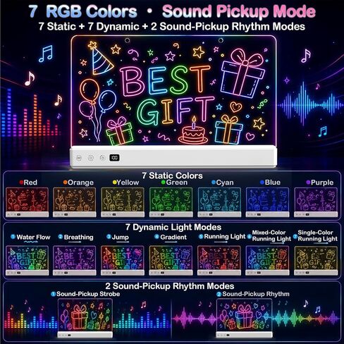 17" LED Drawing Board with 16Modes&Sound-Activated&Timer, RGB Light Up Note Board with Stepless Dimming, Rechargeable Acrylic Message Board for Bedroom Decor,Office Memo,Gifts for Girls Boys Ages 3-12 in Kuwait
