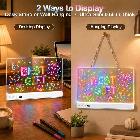 17" LED Drawing Board with 16Modes&Sound-Activated&Timer, RGB Light Up Note Board with Stepless Dimming, Rechargeable Acrylic Message Board for Bedroom Decor,Office Memo,Gifts for Girls Boys Ages 3-12 in Kuwait