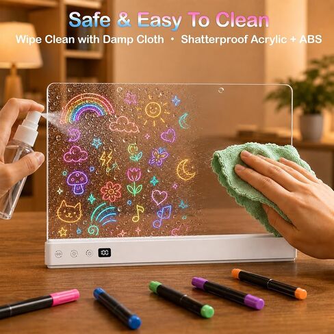 17" LED Drawing Board with 16Modes&Sound-Activated&Timer, RGB Light Up Note Board with Stepless Dimming, Rechargeable Acrylic Message Board for Bedroom Decor,Office Memo,Gifts for Girls Boys Ages 3-12 in Kuwait