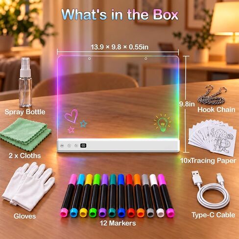 17" LED Drawing Board with 16Modes&Sound-Activated&Timer, RGB Light Up Note Board with Stepless Dimming, Rechargeable Acrylic Message Board for Bedroom Decor,Office Memo,Gifts for Girls Boys Ages 3-12 in Kuwait
