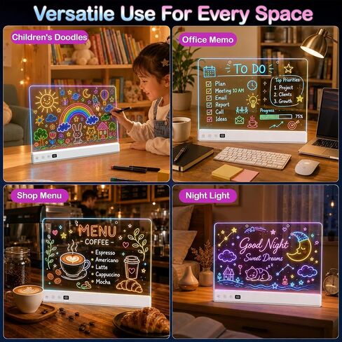 17" LED Drawing Board with 16Modes&Sound-Activated&Timer, RGB Light Up Note Board with Stepless Dimming, Rechargeable Acrylic Message Board for Bedroom Decor,Office Memo,Gifts for Girls Boys Ages 3-12 in Kuwait