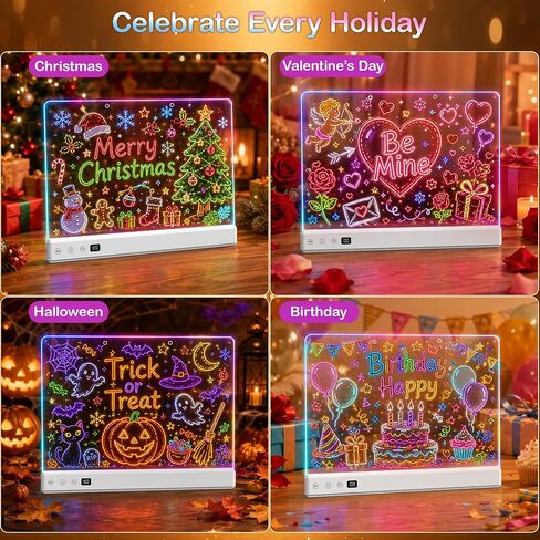 17" LED Drawing Board with 16Modes&Sound-Activated&Timer, RGB Light Up Note Board with Stepless Dimming, Rechargeable Acrylic Message Board for Bedroom Decor,Office Memo,Gifts for Girls Boys Ages 3-12 in Kuwait