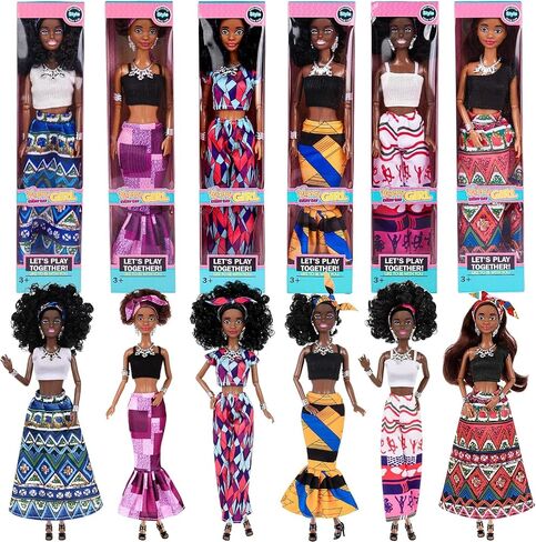 dollbie 6 Pack African American Fashion Dolls Set with Mix & Match Outfits – 11.5" Posable Black Dolls & 5 Accessories Each (Crown, Necklace, Headscarf & More) + Pink Gift Case in Saudi Arabia
