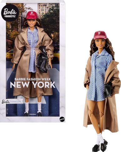 Barbie Signature Collectible @Barbiestyle Fashion Doll, Fashion Week Doll New York Street Style Clothes with Blue Dress, Brown Coat and Accessories in Kuwait
