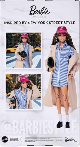 Barbie Signature Collectible @Barbiestyle Fashion Doll, Fashion Week Doll New York Street Style Clothes with Blue Dress, Brown Coat and Accessories in Kuwait