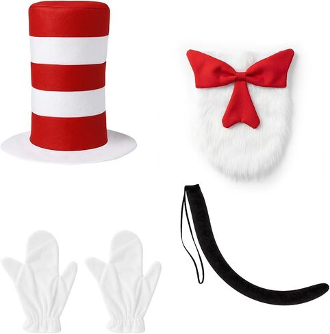 4 Pcs Cat Costume with Red and White Stovepipe Hat Big Bow Tie Gloves Tail Fit Halloween World Book Day Cosplay Party Costume Accessories in Kuwait