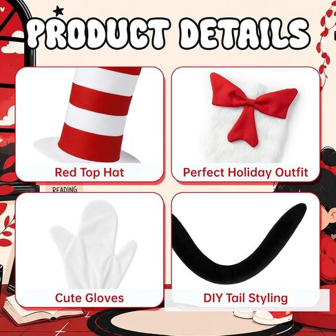 4 Pcs Cat Costume with Red and White Stovepipe Hat Big Bow Tie Gloves Tail Fit Halloween World Book Day Cosplay Party Costume Accessories in Kuwait