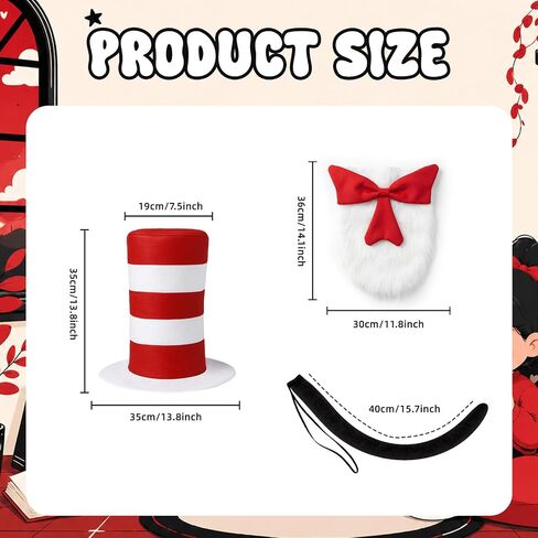 4 Pcs Cat Costume with Red and White Stovepipe Hat Big Bow Tie Gloves Tail Fit Halloween World Book Day Cosplay Party Costume Accessories in Kuwait